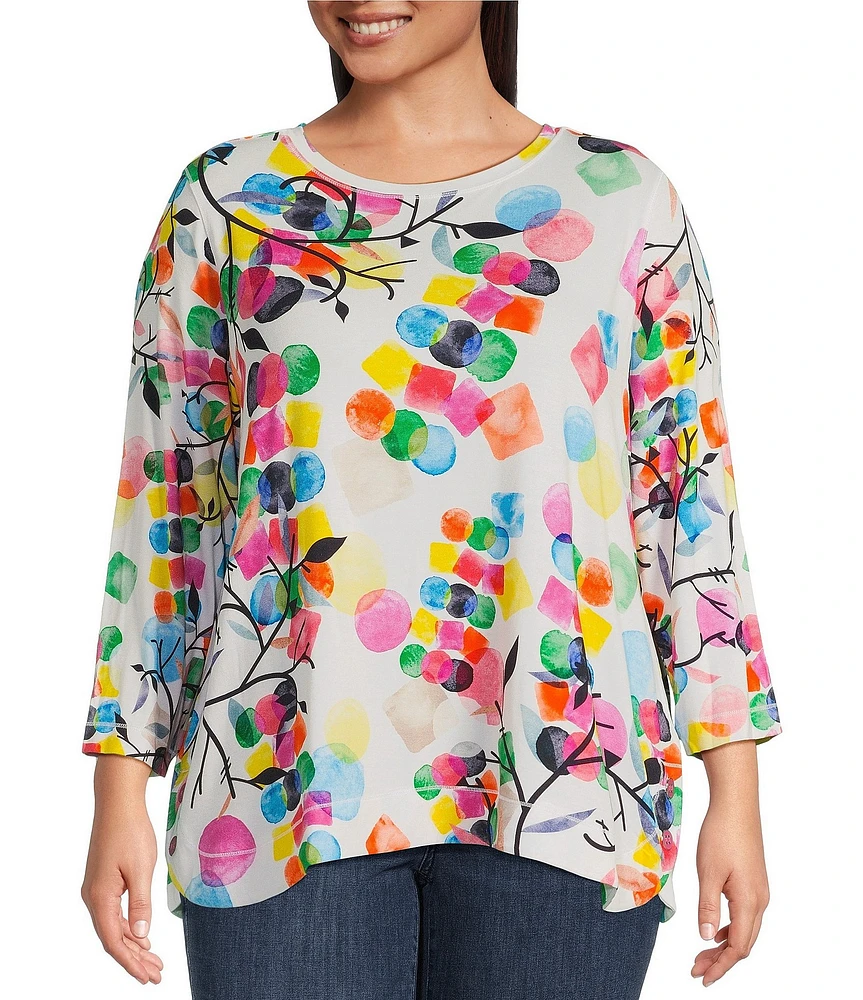 Ali Miles Plus Size Abstract Print Knit Round Neck 3/4 Sleeve Tunic