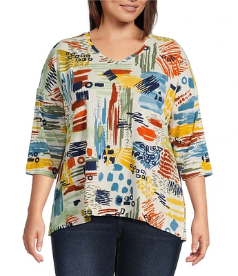 Ali Miles Plus Size Abstract Print V-Neck 3/4 Sleeve Hi-Low Hem Tunic