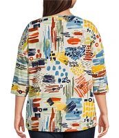 Ali Miles Plus Size Abstract Print V-Neck 3/4 Sleeve Hi-Low Hem Tunic