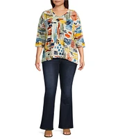 Ali Miles Plus Size Abstract Print V-Neck 3/4 Sleeve Hi-Low Hem Tunic