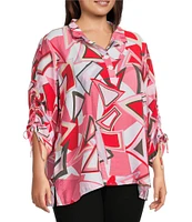 Ali Miles Plus Size Abstract Print Wire Collar 3/4 Cinch Tie Sleeve Tunic