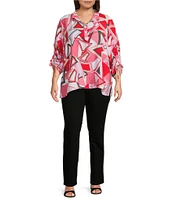 Ali Miles Plus Size Abstract Print Wire Collar 3/4 Cinch Tie Sleeve Tunic