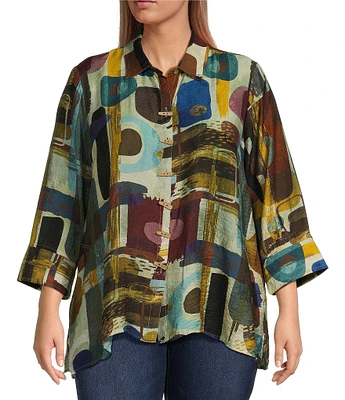 Ali Miles Plus Size Abstract Printed Collared 3/4 Sleeve Button Down Top