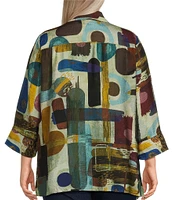 Ali Miles Plus Size Abstract Printed Collared 3/4 Sleeve Button Down Top