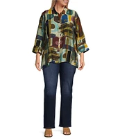 Ali Miles Plus Size Abstract Printed Collared 3/4 Sleeve Button Down Top