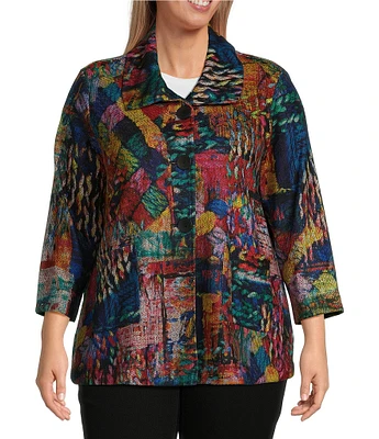 Ali Miles Plus Size Brushed Knit Abstract Print Wire Collar Long Sleeve Button-Front Jacket