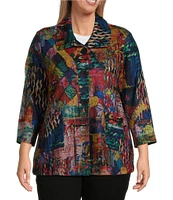 Ali Miles Plus Size Brushed Knit Abstract Print Wire Collar Long Sleeve Button-Front Jacket