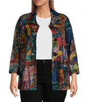 Ali Miles Plus Size Brushed Knit Abstract Print Wire Collar Long Sleeve Button-Front Jacket