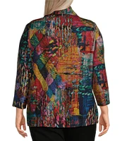 Ali Miles Plus Size Brushed Knit Abstract Print Wire Collar Long Sleeve Button-Front Jacket