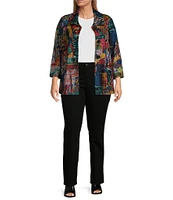 Ali Miles Plus Size Brushed Knit Abstract Print Wire Collar Long Sleeve Button-Front Jacket