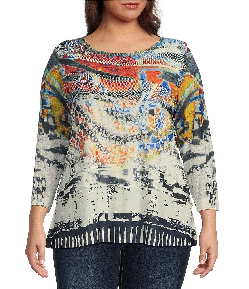 Ali Miles Plus Size Burnout Knit Abstract Print Round Neck 3/4 Sleeve Tunic