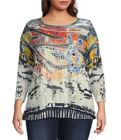 Ali Miles Plus Size Burnout Knit Abstract Print Round Neck 3/4 Sleeve Tunic