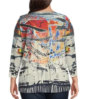 Ali Miles Plus Size Burnout Knit Abstract Print Round Neck 3/4 Sleeve Tunic