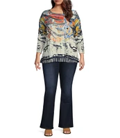 Ali Miles Plus Size Burnout Knit Abstract Print Round Neck 3/4 Sleeve Tunic