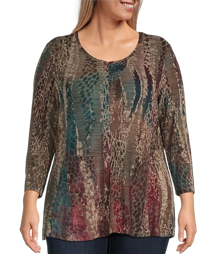 Ali Miles Plus Size Burnout Printed Stretch V-Neck 3/4 Sleeve Tunic