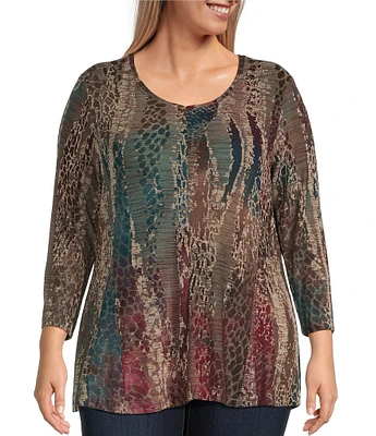 Ali Miles Plus Size Burnout Printed Stretch V-Neck 3/4 Sleeve Tunic