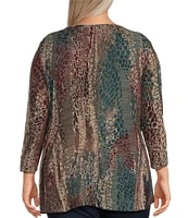 Ali Miles Plus Size Burnout Printed Stretch V-Neck 3/4 Sleeve Tunic