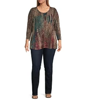 Ali Miles Plus Size Burnout Printed Stretch V-Neck 3/4 Sleeve Tunic