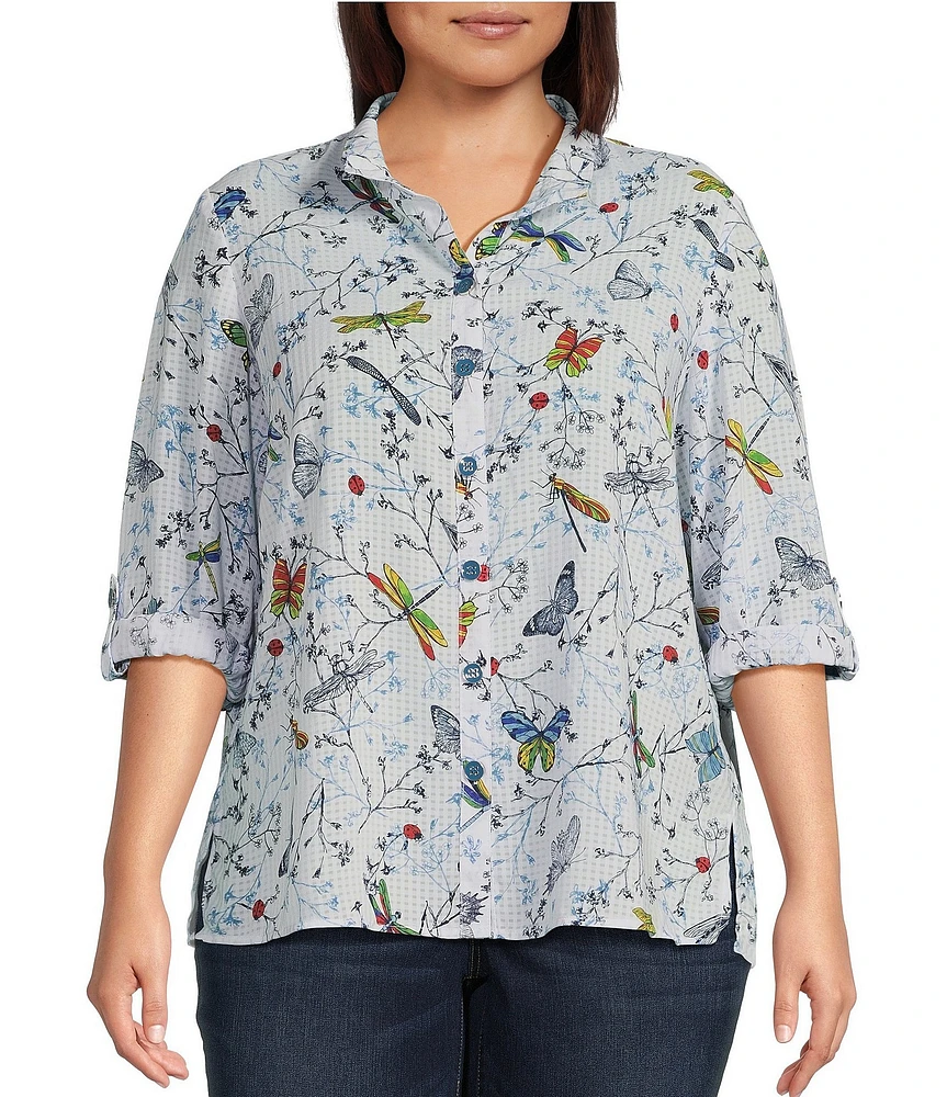 Ali Miles Plus Size Burnout Woven Printed Wire Collar 3/4 Roll-Tab Sleeve Button Front Tunic