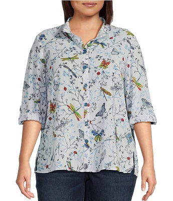 Ali Miles Plus Size Burnout Woven Printed Wire Collar 3/4 Roll-Tab Sleeve Button Front Tunic