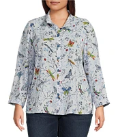 Ali Miles Plus Size Burnout Woven Printed Wire Collar 3/4 Roll-Tab Sleeve Button Front Tunic