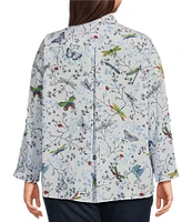 Ali Miles Plus Size Burnout Woven Printed Wire Collar 3/4 Roll-Tab Sleeve Button Front Tunic