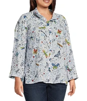 Ali Miles Plus Size Burnout Woven Printed Wire Collar 3/4 Roll-Tab Sleeve Button Front Tunic