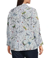 Ali Miles Plus Size Burnout Woven Printed Wire Collar 3/4 Roll-Tab Sleeve Button Front Tunic