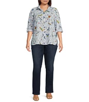 Ali Miles Plus Size Burnout Woven Printed Wire Collar 3/4 Roll-Tab Sleeve Button Front Tunic