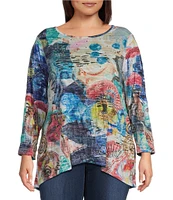 Ali Miles Plus Size Crinkle Burnout Knit Embellished Round Neck Long Sleeve Hi-Low Hem Tunic