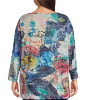 Ali Miles Plus Size Crinkle Burnout Knit Embellished Round Neck Long Sleeve Hi-Low Hem Tunic