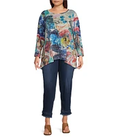 Ali Miles Plus Size Crinkle Burnout Knit Embellished Round Neck Long Sleeve Hi-Low Hem Tunic