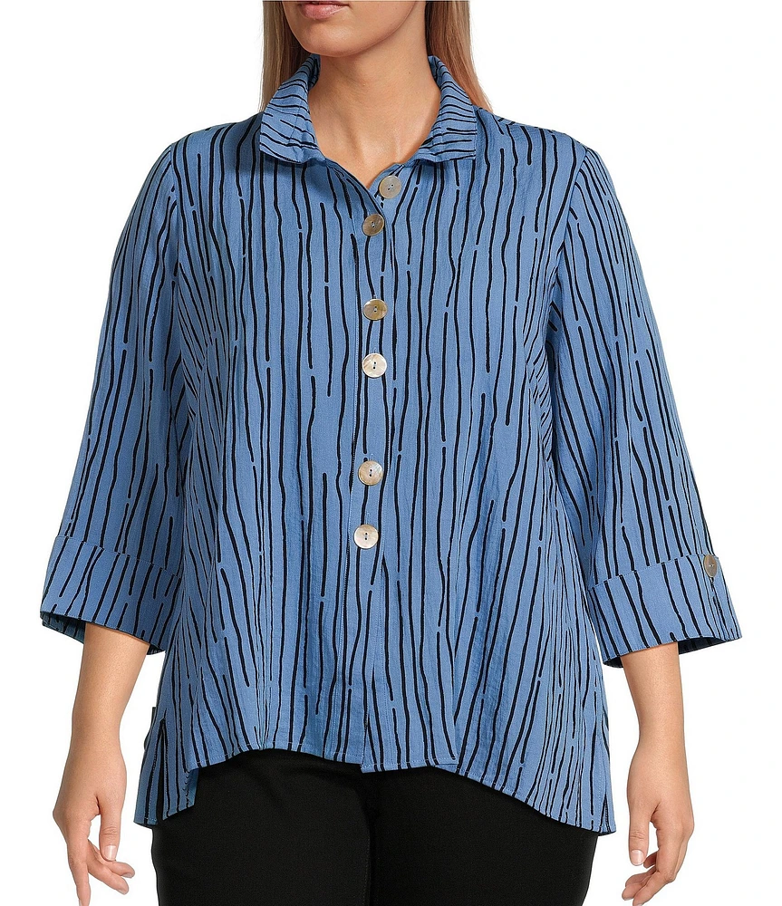 Ali Miles Plus Size Crinkle Woven Abstract Stripe Wire Collar 3/4 Sleeve Button-Front Tunic