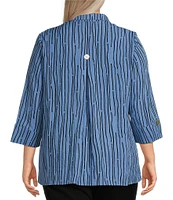 Ali Miles Plus Size Crinkle Woven Abstract Stripe Wire Collar 3/4 Sleeve Button-Front Tunic