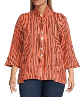 Ali Miles Plus Size Crinkle Woven Abstract Stripe Wire Collar 3/4 Sleeve Button-Front Tunic