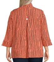 Ali Miles Plus Size Crinkle Woven Abstract Stripe Wire Collar 3/4 Sleeve Button-Front Tunic
