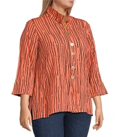 Ali Miles Plus Size Crinkle Woven Abstract Stripe Wire Collar 3/4 Sleeve Button-Front Tunic