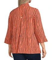 Ali Miles Plus Size Crinkle Woven Abstract Stripe Wire Collar 3/4 Sleeve Button-Front Tunic