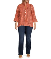 Ali Miles Plus Size Crinkle Woven Abstract Stripe Wire Collar 3/4 Sleeve Button-Front Tunic