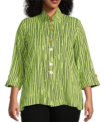 Ali Miles Plus Size Crinkle Woven Abstract Stripe Wire Collar 3/4 Sleeve Button-Front Tunic