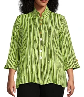 Ali Miles Plus Size Crinkle Woven Abstract Stripe Wire Collar 3/4 Sleeve Button-Front Tunic