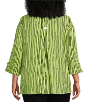 Ali Miles Plus Size Crinkle Woven Abstract Stripe Wire Collar 3/4 Sleeve Button-Front Tunic