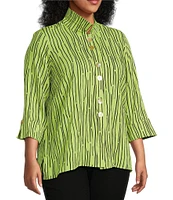 Ali Miles Plus Size Crinkle Woven Abstract Stripe Wire Collar 3/4 Sleeve Button-Front Tunic