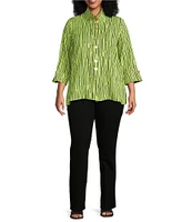 Ali Miles Plus Size Crinkle Woven Abstract Stripe Wire Collar 3/4 Sleeve Button-Front Tunic