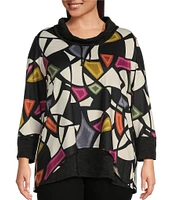 Ali Miles Plus Size Double Layer Knit Geometric Print Cowl Neck 3/4 Sleeve Hi-Low Hem Tunic