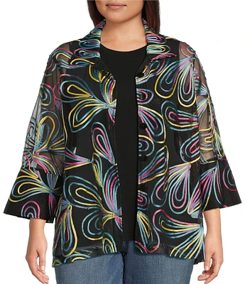 Ali Miles Plus Size Embroidered Paisley Print Knit Mesh Button Front Jacket