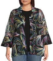 Ali Miles Plus Size Embroidered Paisley Print Knit Mesh Button Front Jacket
