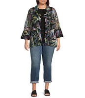 Ali Miles Plus Size Embroidered Paisley Print Knit Mesh Button Front Jacket