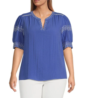 Ali Miles Plus Size Embroidered Split V-Neck Elbow Sleeve Tunic