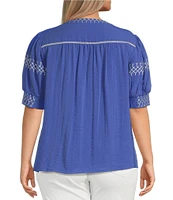 Ali Miles Plus Size Embroidered Split V-Neck Elbow Sleeve Tunic